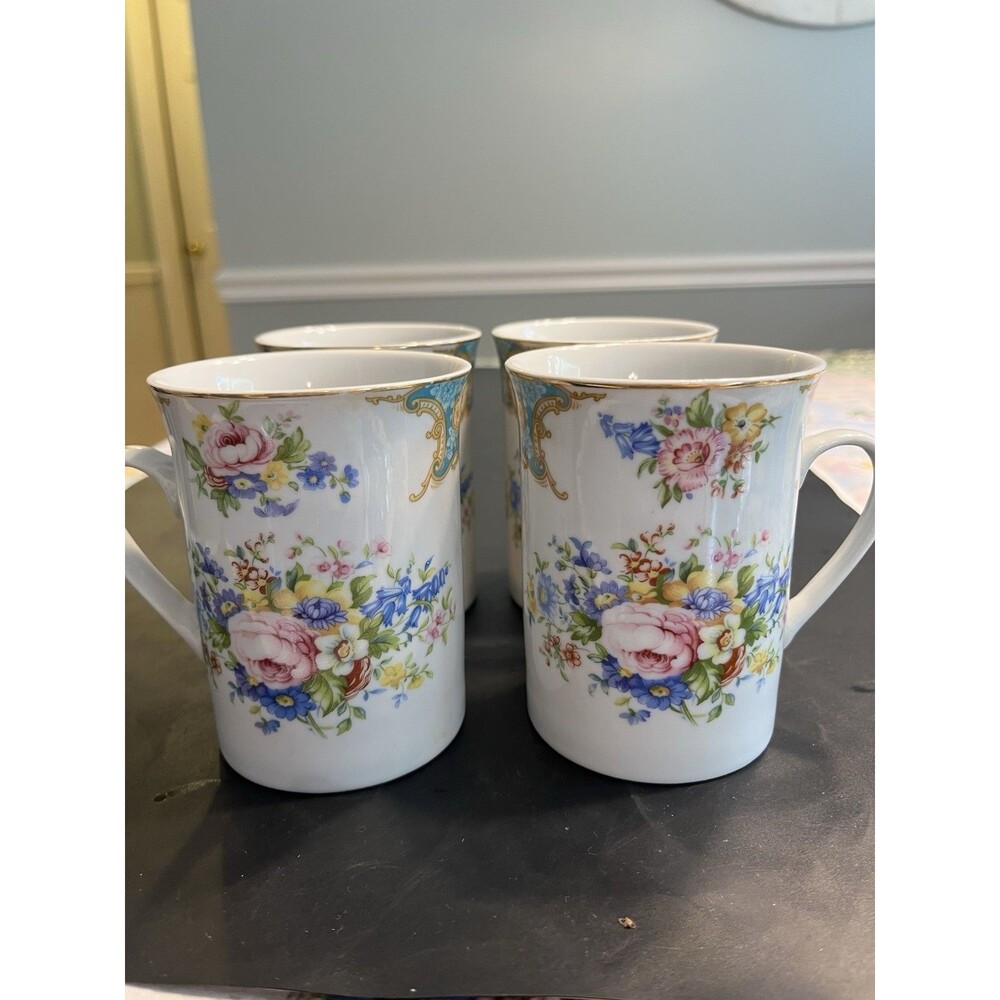 4pc Antique Reflection Floral Coffee Mug Cups by J Godinger & Co